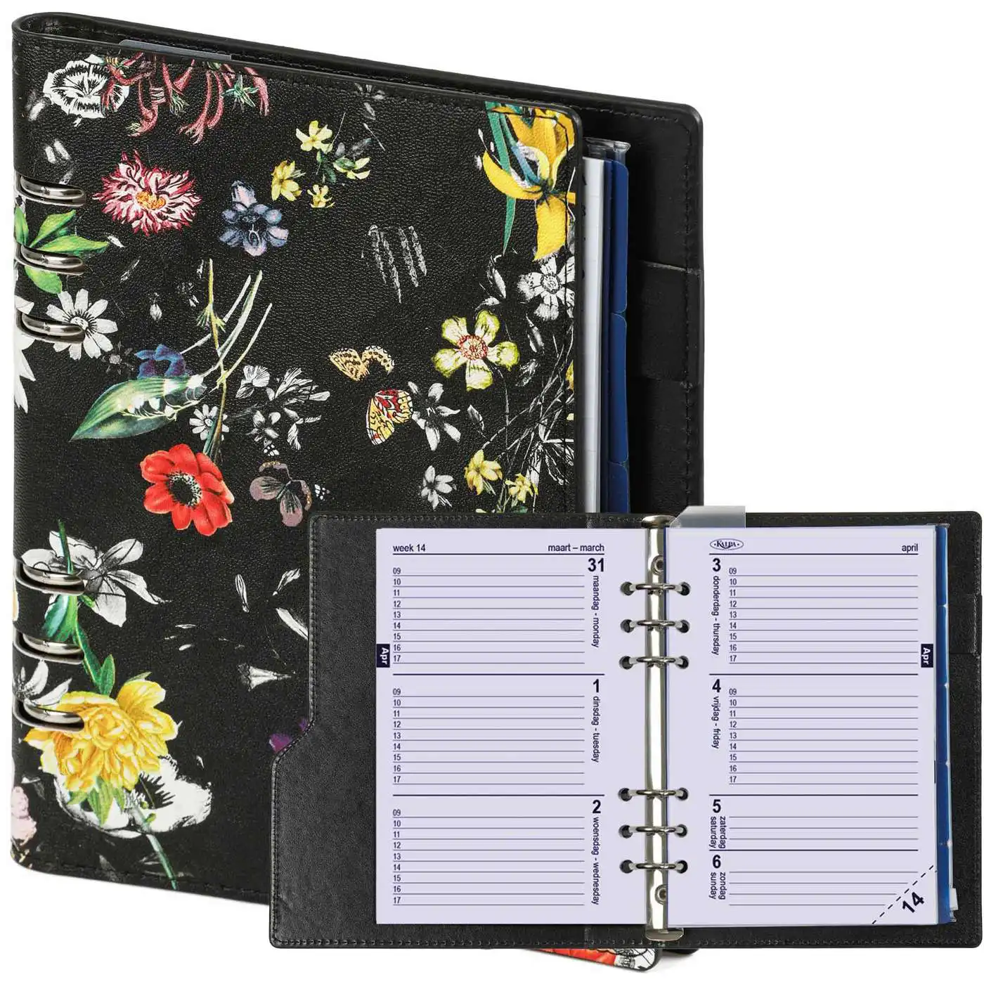 1016-12 Refillable A5 Ring Binder Organizer Sea of Flowers Black - Image 6