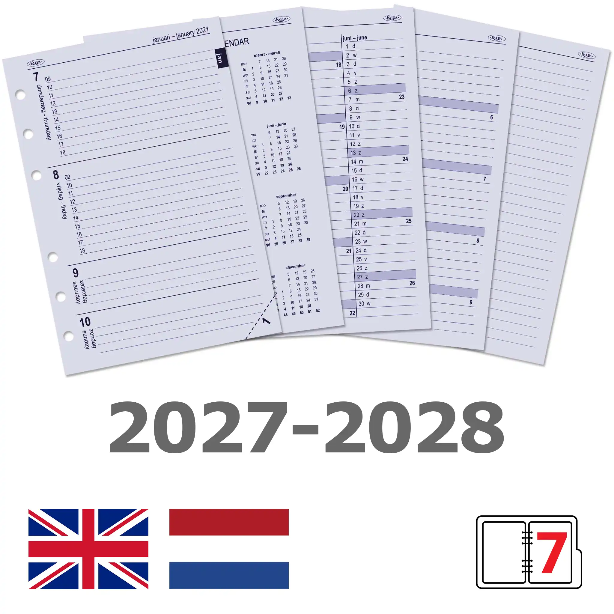 6207-27-28 A5 210 x 144 mm Agenda Refill 2027 and 2028 Week per 2 pages Dutch English