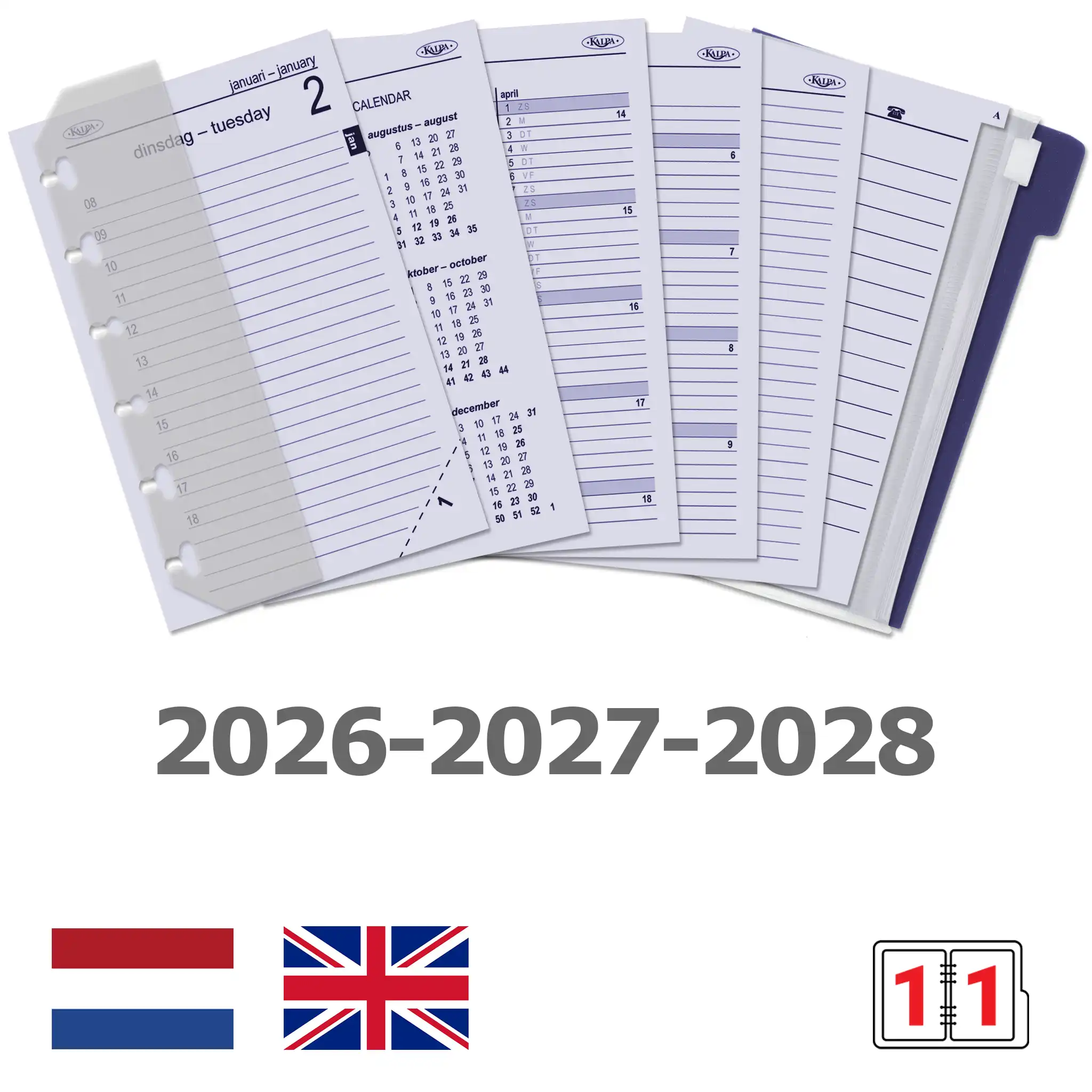 6331-26-27-28 125 x 80 mm Pocket Planner Organizer Refills Daily Complete Set EN NL 2026 2027 2028